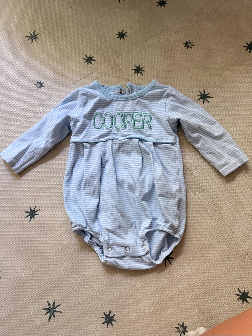 Trotter Street Light Blue Long Sleeve Striped Baby Bubble "Cooper" Monogram 9 M